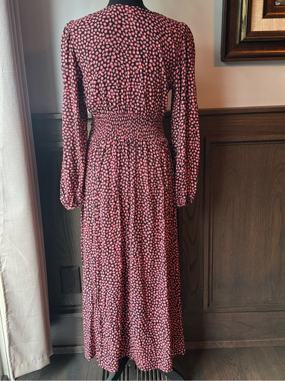 Leith navy, red, pink Floral Long Sleeve V-Neck Midi Dress small - Picture 4 of 11